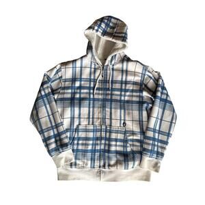 Volcom Tartan Plaid White and Blue Large Sherpa Lined Full Zip Jacket